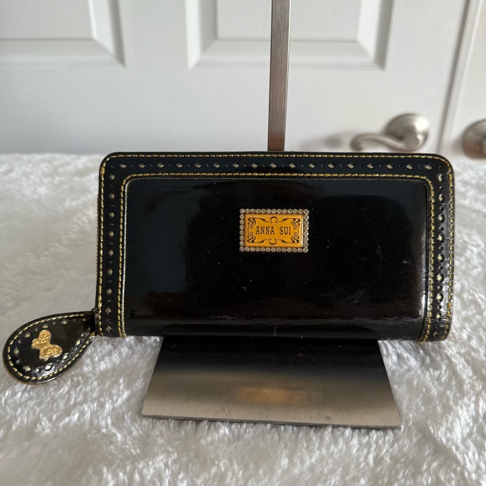 Anna Sui Glossy Black Wallet with Gold Details